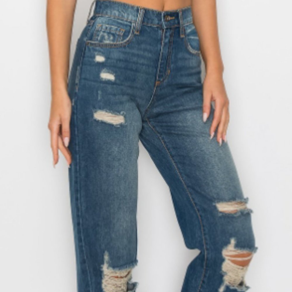 Sneak Peak Distressed Dark Denim High Waist Jeans